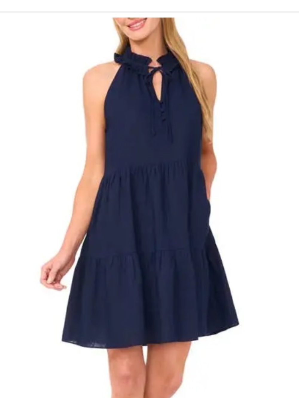 CeCe Navy Halter Tiered Sundress with Split Neck Linen Blend | S